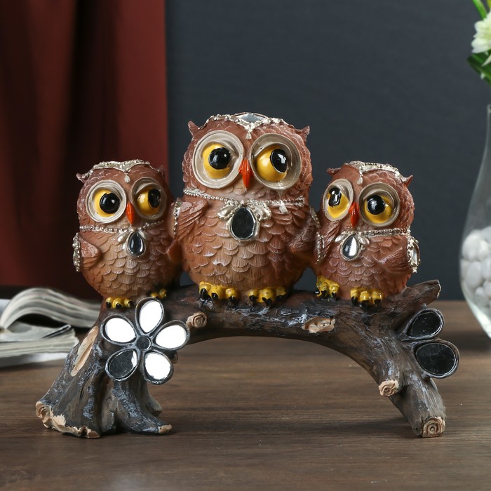 Сувенир полистоун "Три совушки на коряге с зеркальными цветами" 15,5х19х6,5 см