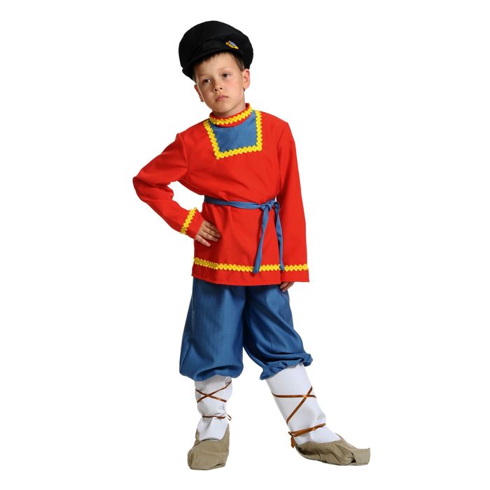 Детский карнавальный костюм "Иванушка в лаптях", текстиль, рубаха, штаны с лаптями, кепка, пояс, р-р 30-32, рост 116-122 см