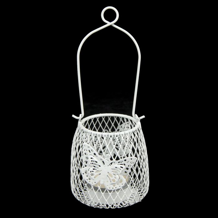 Подсвечник металл 1 свеча "Корзинка в сеточку с бабочками" белый 8х9х9 см