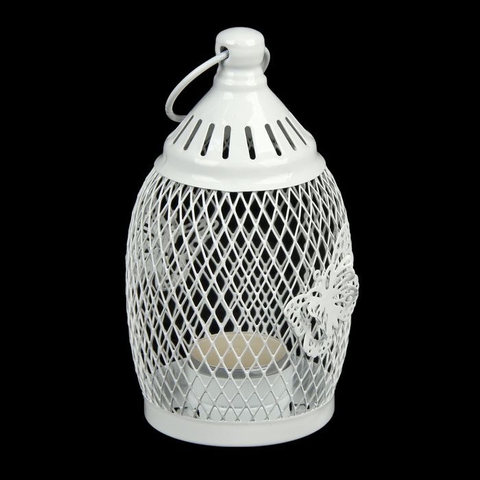 Подсвечник металл 1 свеча "Уличный фонарь в сеточку с бабочками" белый 16х8,5х8,5 см