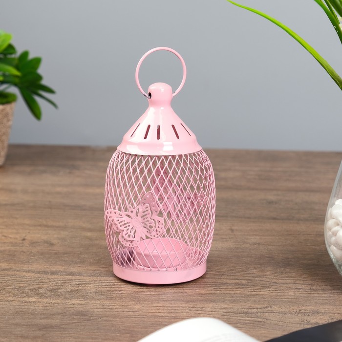 Подсвечник металл 1 свеча "Уличный фонарь в сеточку с бабочками" розовый 16х8,5х8,5 см