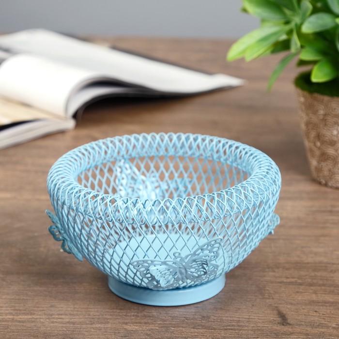 Подсвечник металл 1 свеча "Тарелочка с бабочками" голубой 7,5х14х14 см