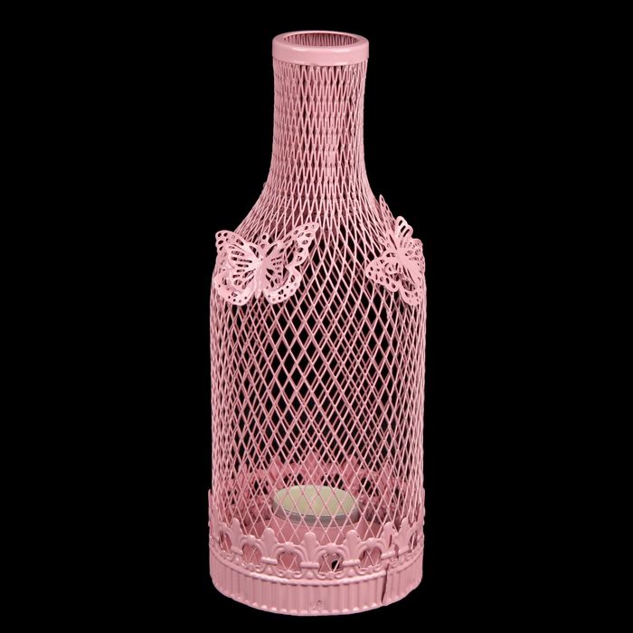 Подсвечник металл 1 свеча "Бутыль в сетку с бабочками" розовый 25х9х9 см