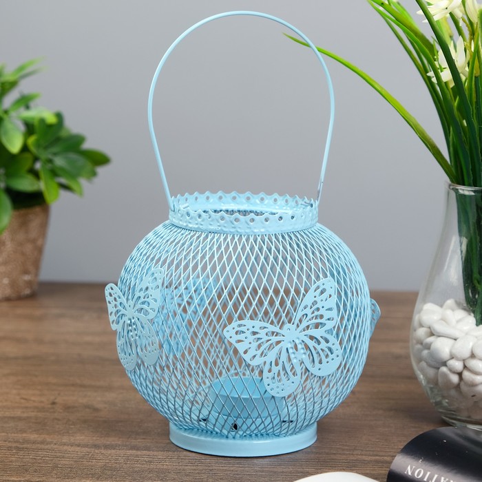 Подсвечник металл 1 свеча "Шар в сеточку с бабочками" голубой 13х13х13 см