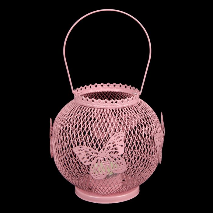 Подсвечник металл 1 свеча "Шар в сеточку с бабочками" розовый 15х15х15 см