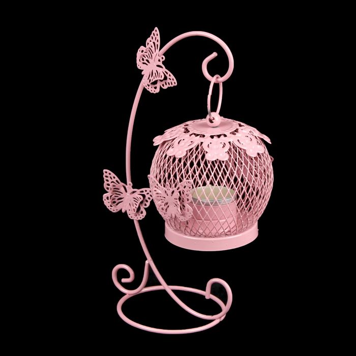 Подсвечник металл 1 свеча "Клетка на подвесе с бабочками" розовый 22х10х15 см