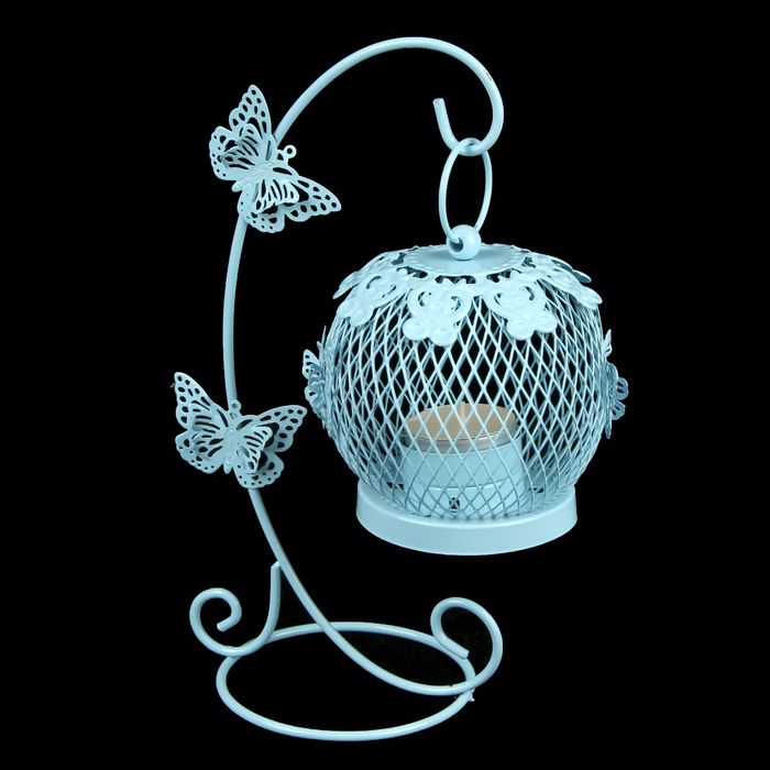 Подсвечник металл 1 свеча "Клетка на подвесе с бабочками" голубой 22х10х15 см