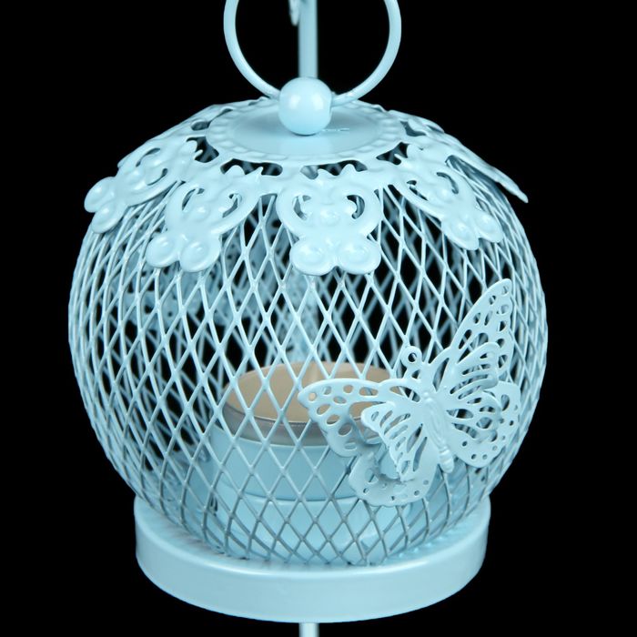 Подсвечник металл 1 свеча "Клетка на подвесе с бабочками" голубой 22х10х15 см