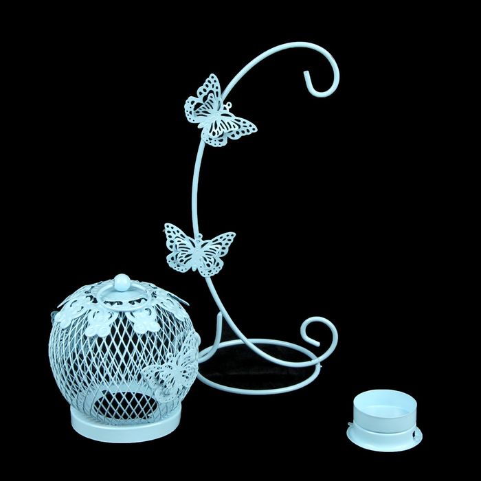 Подсвечник металл 1 свеча "Клетка на подвесе с бабочками" голубой 22х10х15 см