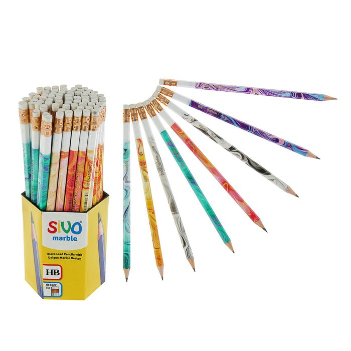 Карандаш чернографитный Sivo HB Marble с ластиком шестигранные, микс*4 вида, дисплей SV-6011M56