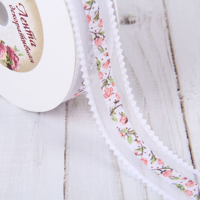 Лента декоративная "Розы", 25мм, 23±1м, №10, цвет белый