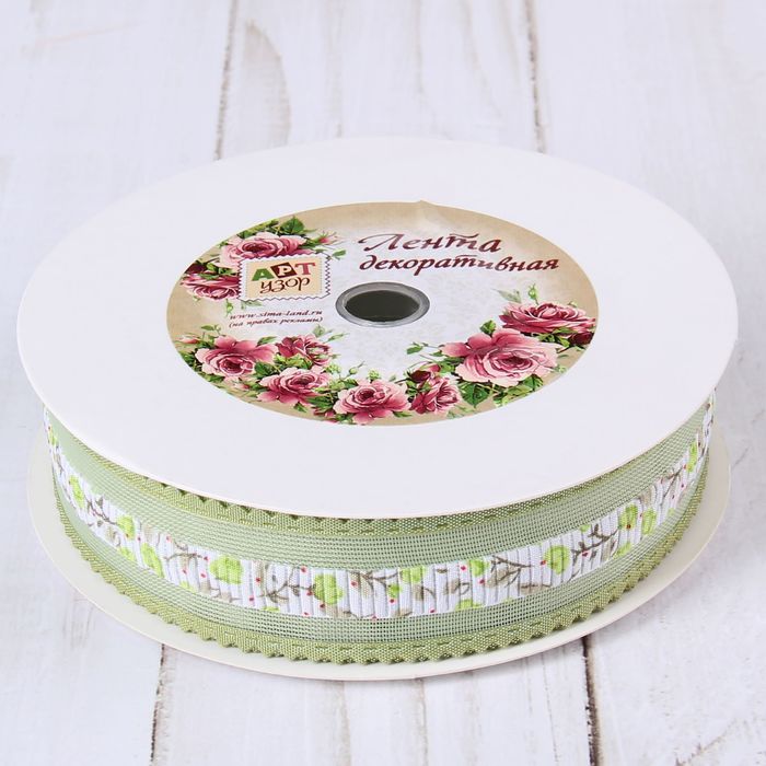 Лента декоративная "Розы", 25мм, 23±1м, №6, цвет салатовый