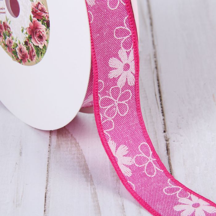 Лента хлопковая "Цветочки", 25мм, 23±1м, №7, цвет розовый