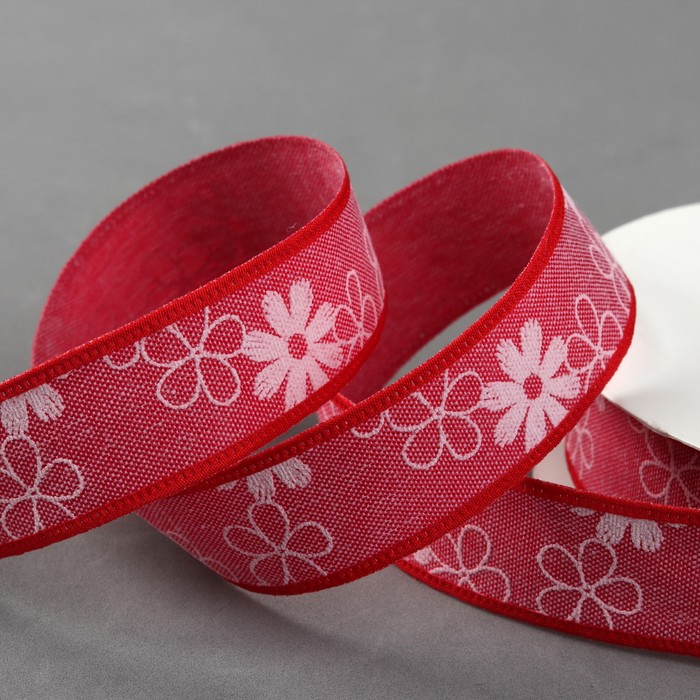 Лента хлопковая "Цветочки", 25мм, 23±1м, №9, цвет красный
