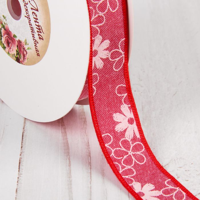 Лента хлопковая "Цветочки", 25мм, 23±1м, №9, цвет красный