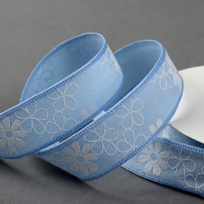 Лента хлопковая "Цветочки", 25мм, 23±1м, №1, цвет голубой