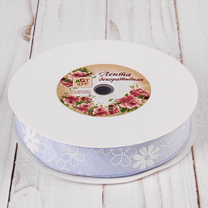 Лента хлопковая "Цветочки", 25мм, 23±1м, №1, цвет голубой