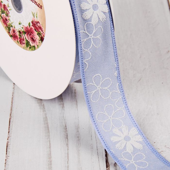 Лента хлопковая "Цветочки", 25мм, 23±1м, №1, цвет голубой