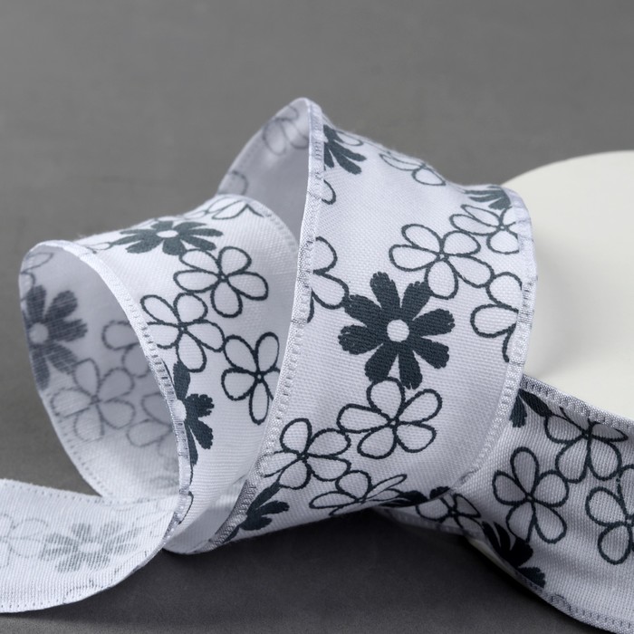 Лента хлопковая "Цветочки", 40мм, 23±1м, №6, цвет белый