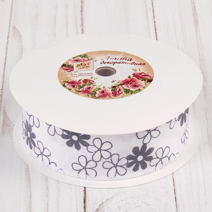 Лента хлопковая "Цветочки", 40мм, 23±1м, №6, цвет белый