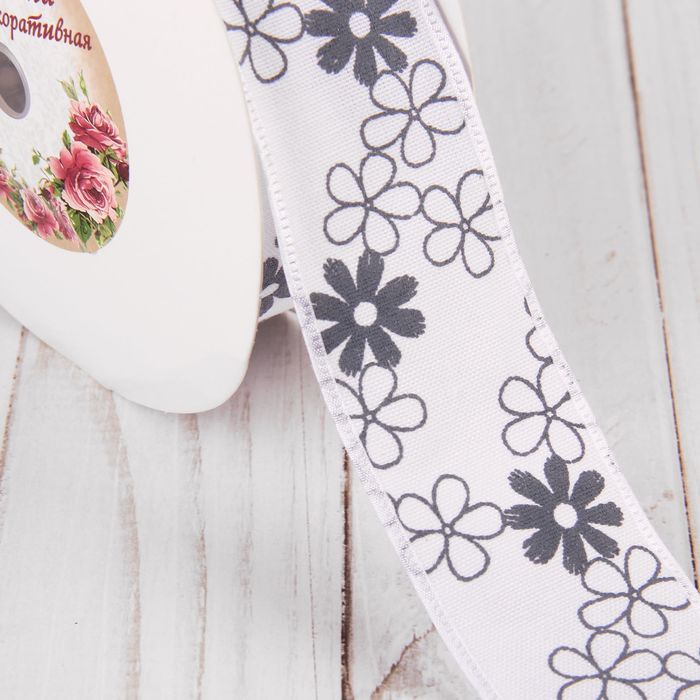 Лента хлопковая "Цветочки", 40мм, 23±1м, №6, цвет белый