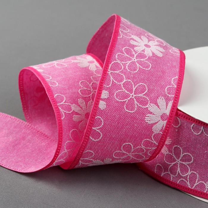 Лента хлопковая "Цветочки", 40мм, 23±1м, №7, цвет розовый
