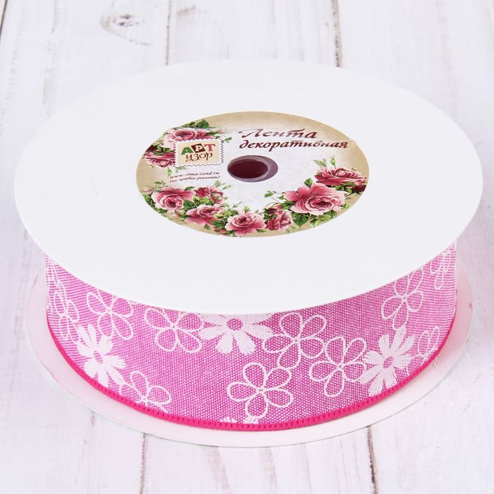 Лента хлопковая "Цветочки", 40мм, 23±1м, №7, цвет розовый