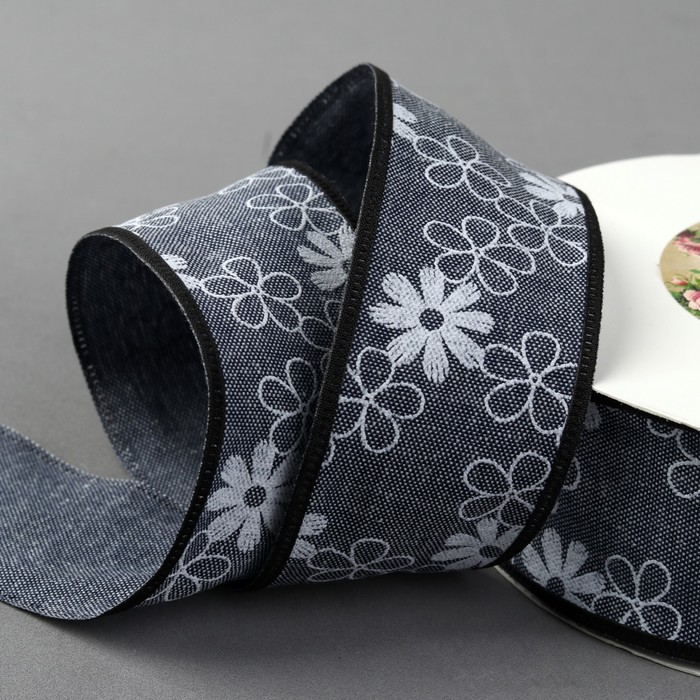 Лента хлопковая "Цветочки", 40мм, 23±1м, №10, цвет серый