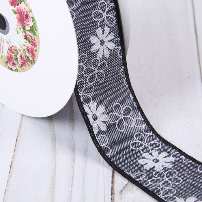 Лента хлопковая "Цветочки", 40мм, 23±1м, №10, цвет серый