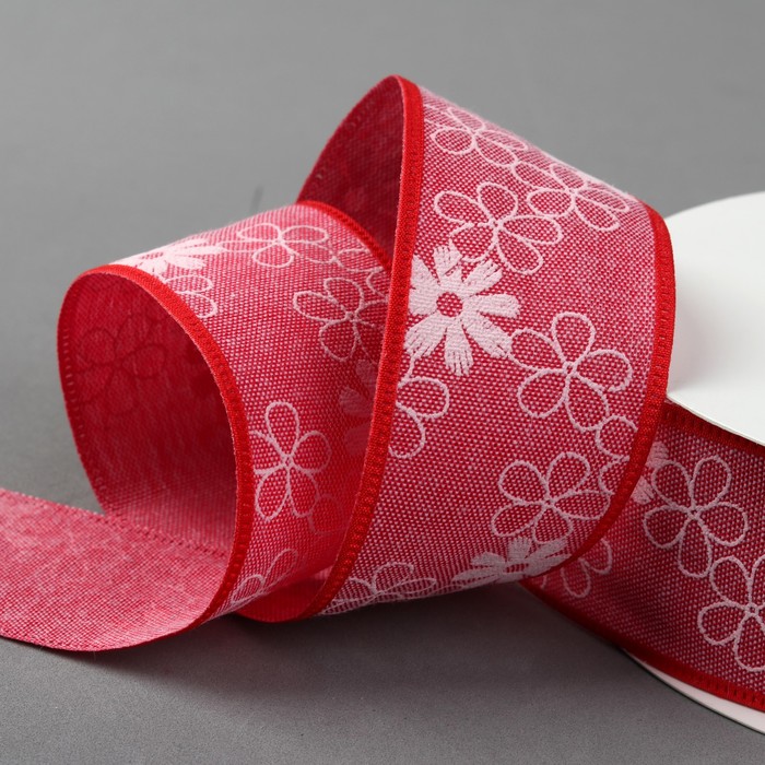 Лента хлопковая "Цветочки", 40мм, 23±1м, №9, цвет красный