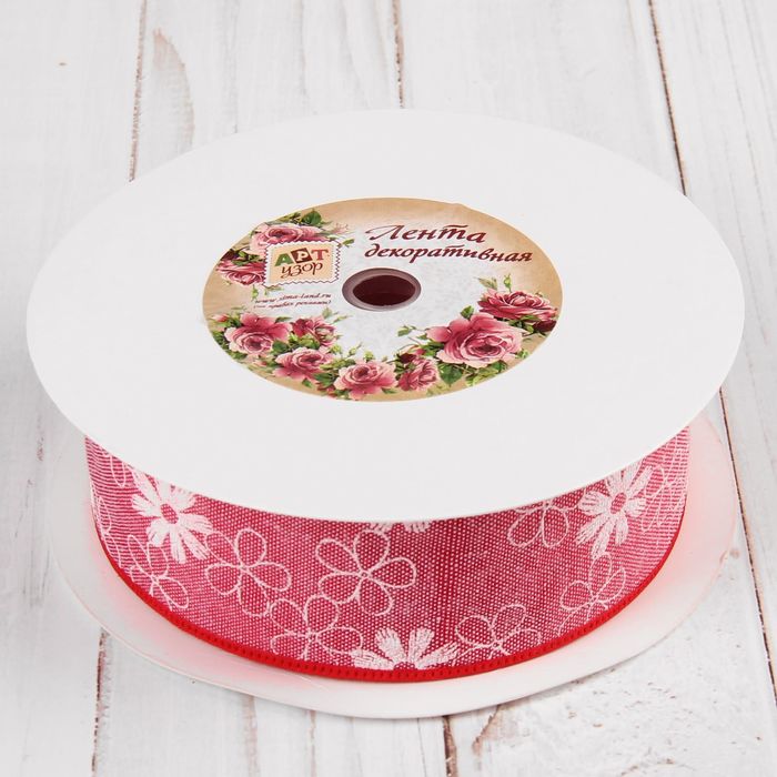 Лента хлопковая "Цветочки", 40мм, 23±1м, №9, цвет красный