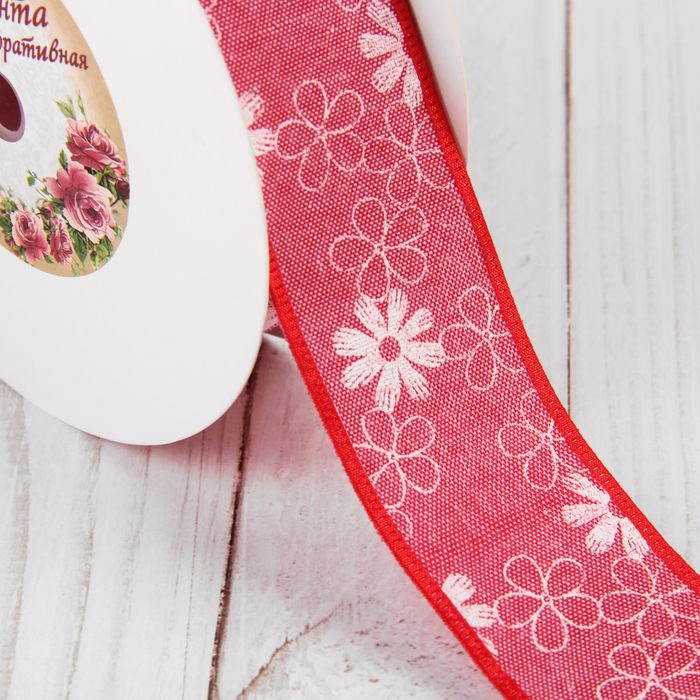 Лента хлопковая "Цветочки", 40мм, 23±1м, №9, цвет красный