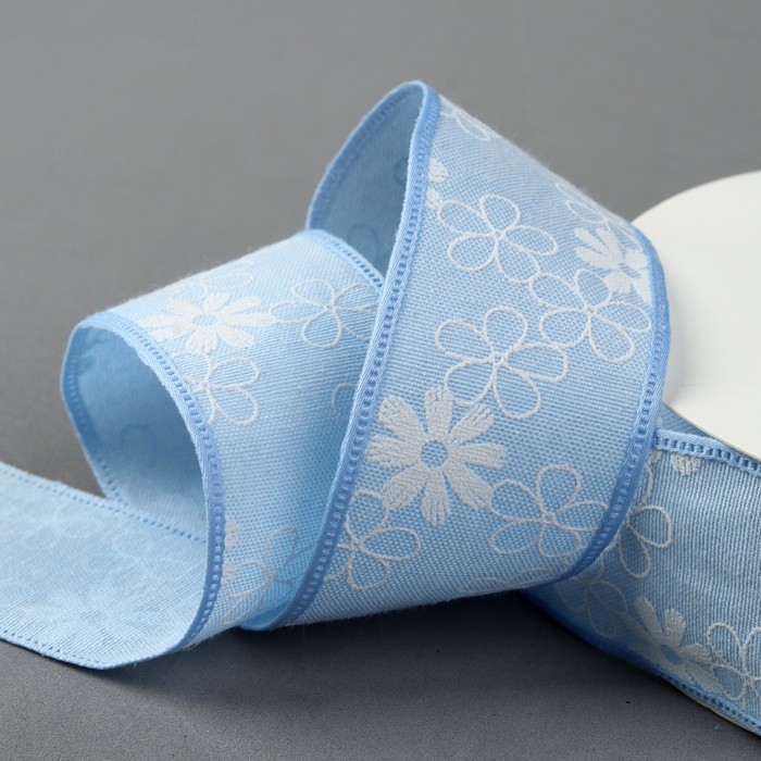 Лента хлопковая "Цветочки", 40мм, 23±1м, №1, цвет голубой