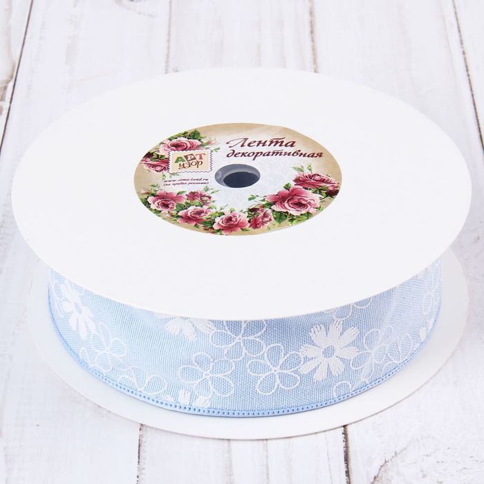 Лента хлопковая "Цветочки", 40мм, 23±1м, №1, цвет голубой