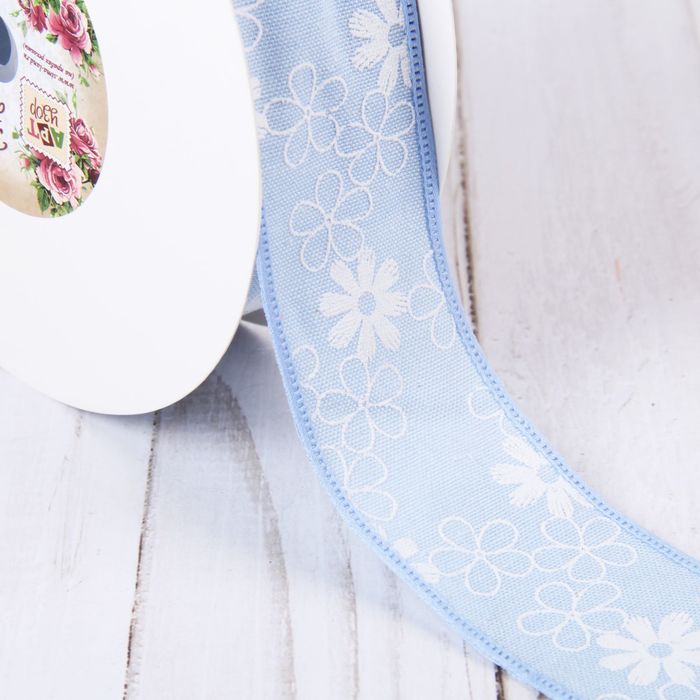 Лента хлопковая "Цветочки", 40мм, 23±1м, №1, цвет голубой