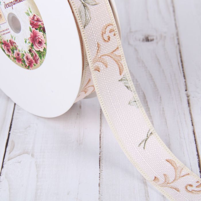 Лента хлопковая "Цветочки", 25мм, 23±1м, №1, цвет бежевый