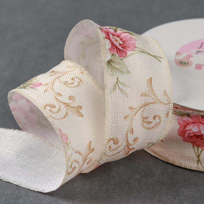 Лента хлопковая "Цветы", 40мм, 23±1м, №1, цвет бежевый