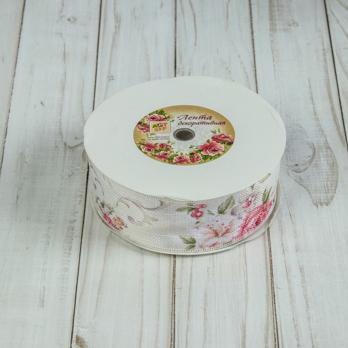 Лента хлопковая "Цветы", 40мм, 23±1м, №1, цвет бежевый