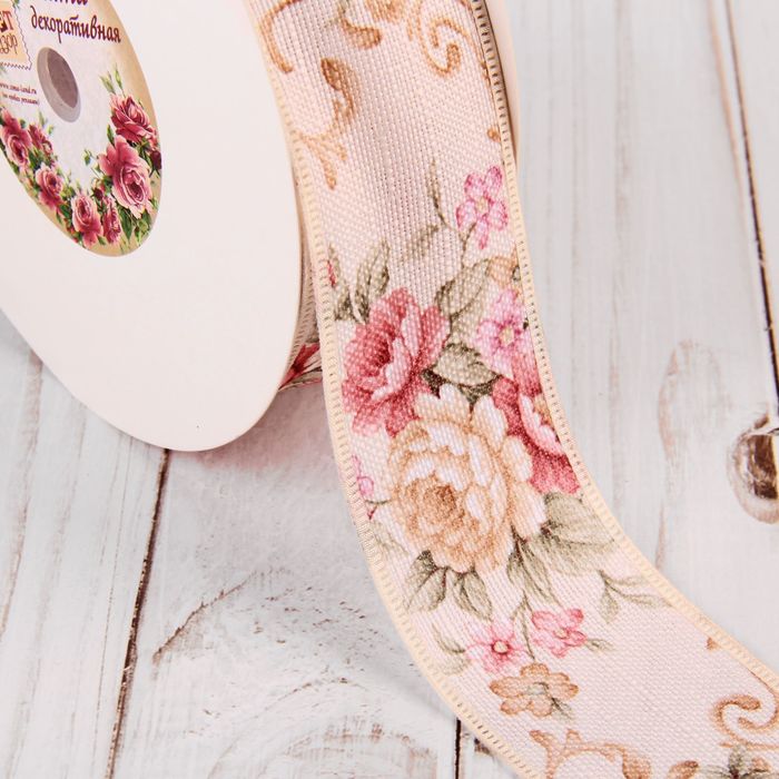 Лента хлопковая "Цветы", 40мм, 23±1м, №1, цвет бежевый