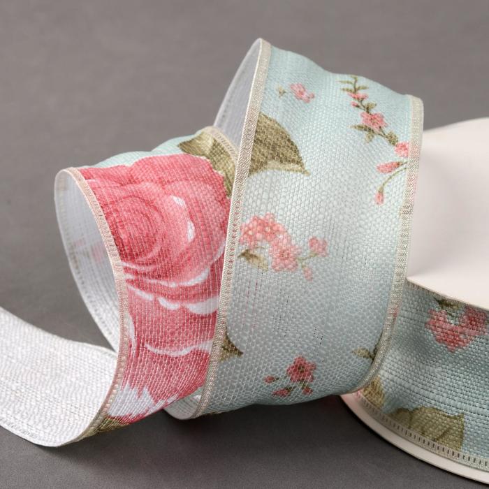 Лента хлопковая "Цветы", 40мм, 23±1м, №10, цвет салатовый