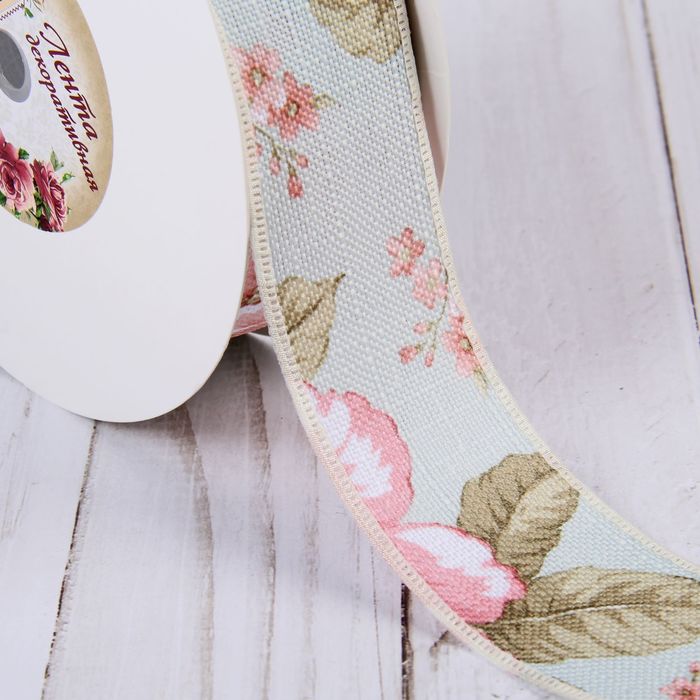 Лента хлопковая "Цветы", 40мм, 23±1м, №10, цвет салатовый