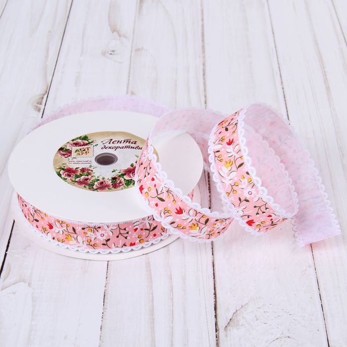 Лента декоративная "Цветы", 25мм, 23±1м, №1, цвет розовый