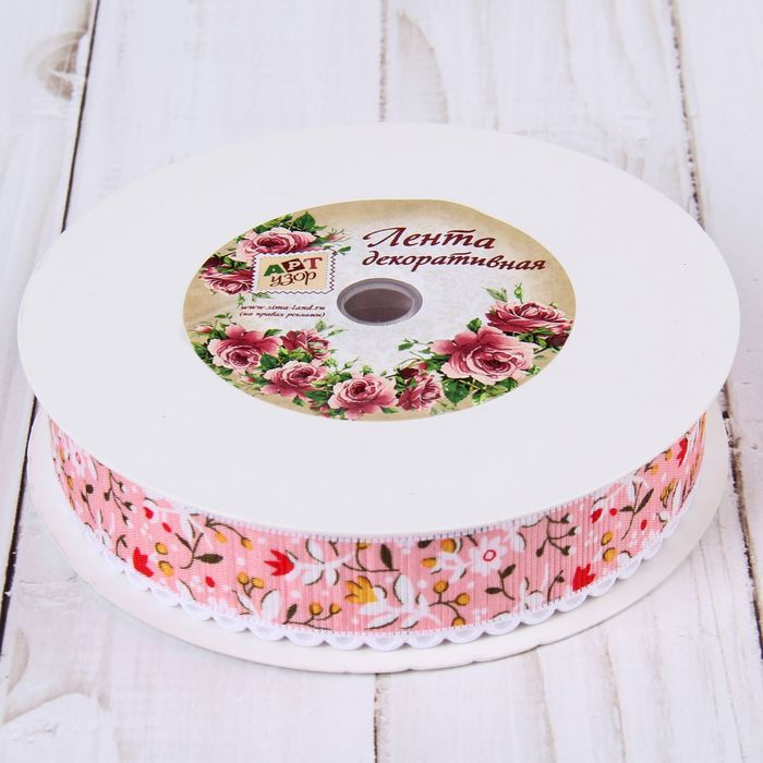 Лента декоративная "Цветы", 25мм, 23±1м, №1, цвет розовый