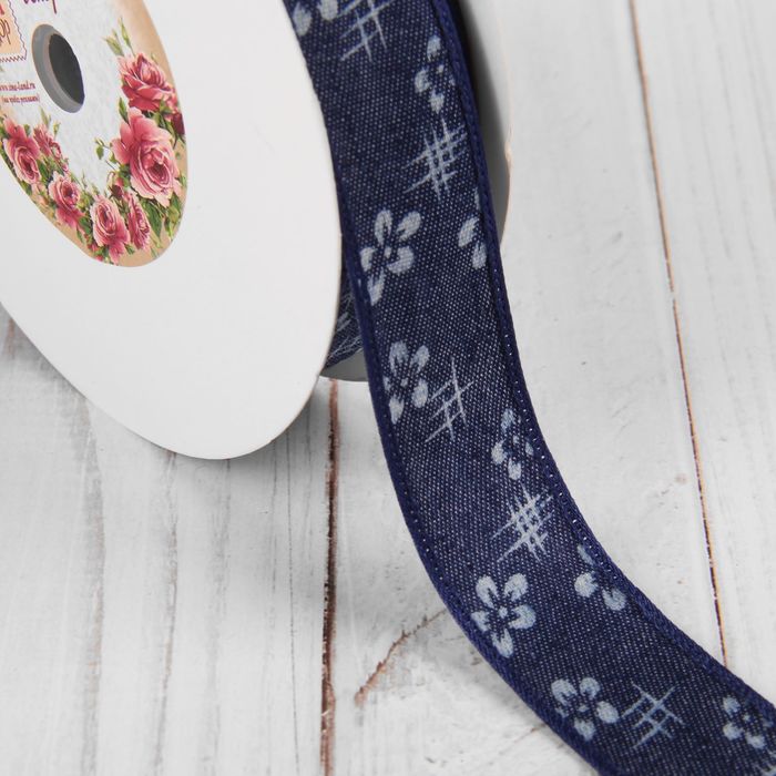 Лента хлопковая "Цветы", джинса, 25мм, 23±1м, №2, цвет синий
