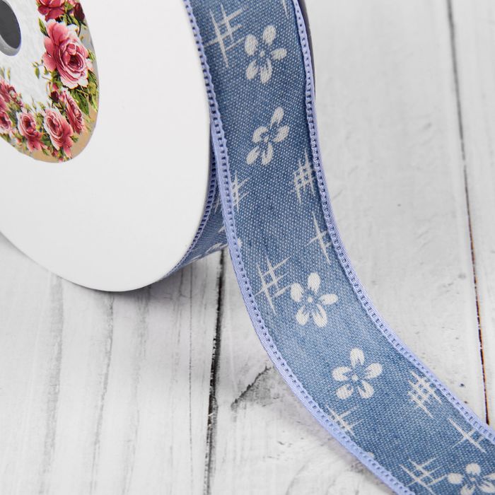 Лента хлопковая "Цветы", джинса, 25мм, 23±1м, №1, цвет голубой