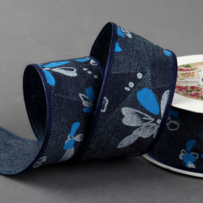 Лента хлопковая "Цветы", джинса, 40мм, 9±1м, №4, цвет синий
