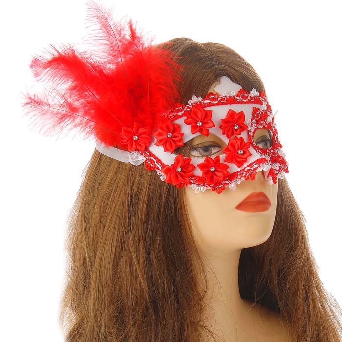 Карнавальная маска "Загадка" с пером, цвет красный