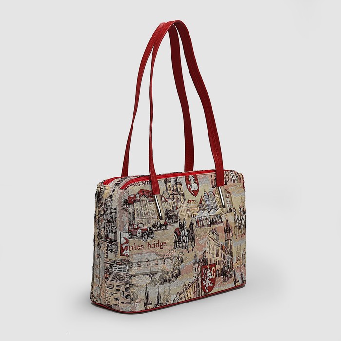 Сумка женская, 2 отдела на молнии, наружный карман, цвет бежевый/красный