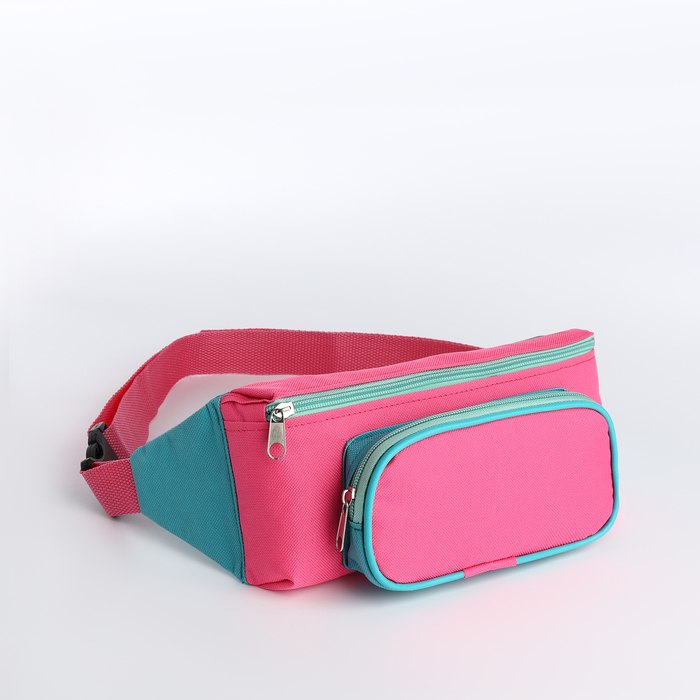 Сумка поясная на молнии, 1 отдел, наружный карман, цвет розовый/бирюзовый