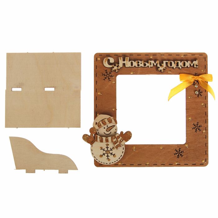 Фоторамка "Новым годом" со снеговиком коричневый-белый (набор 2 детали) 12х12 см